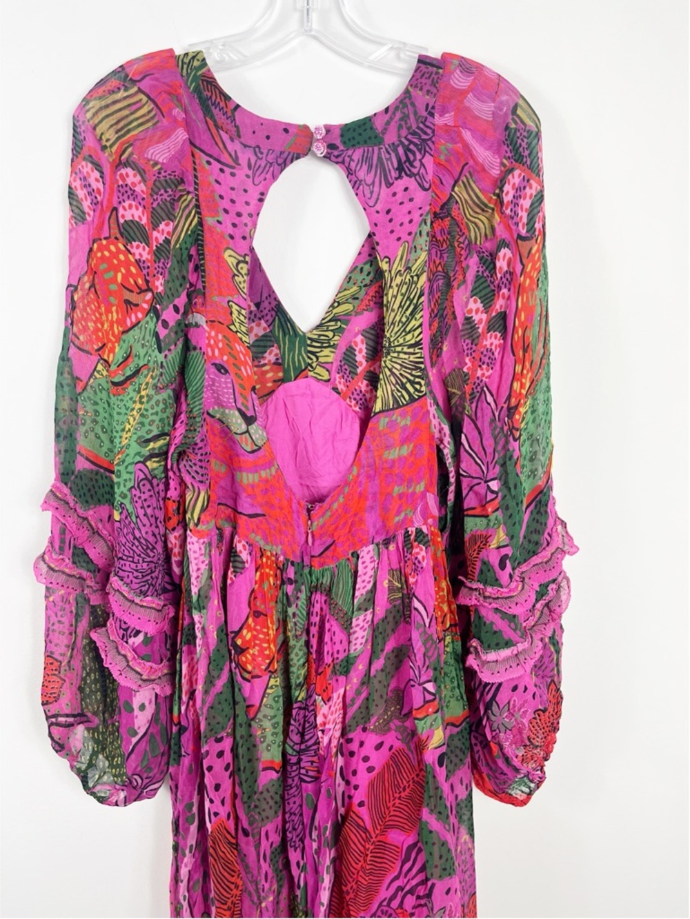 Farm Rio Cool Leopards Open Back Ruffled Georgette Maxi Dress Size Medium Pink - Picture 8 of 13